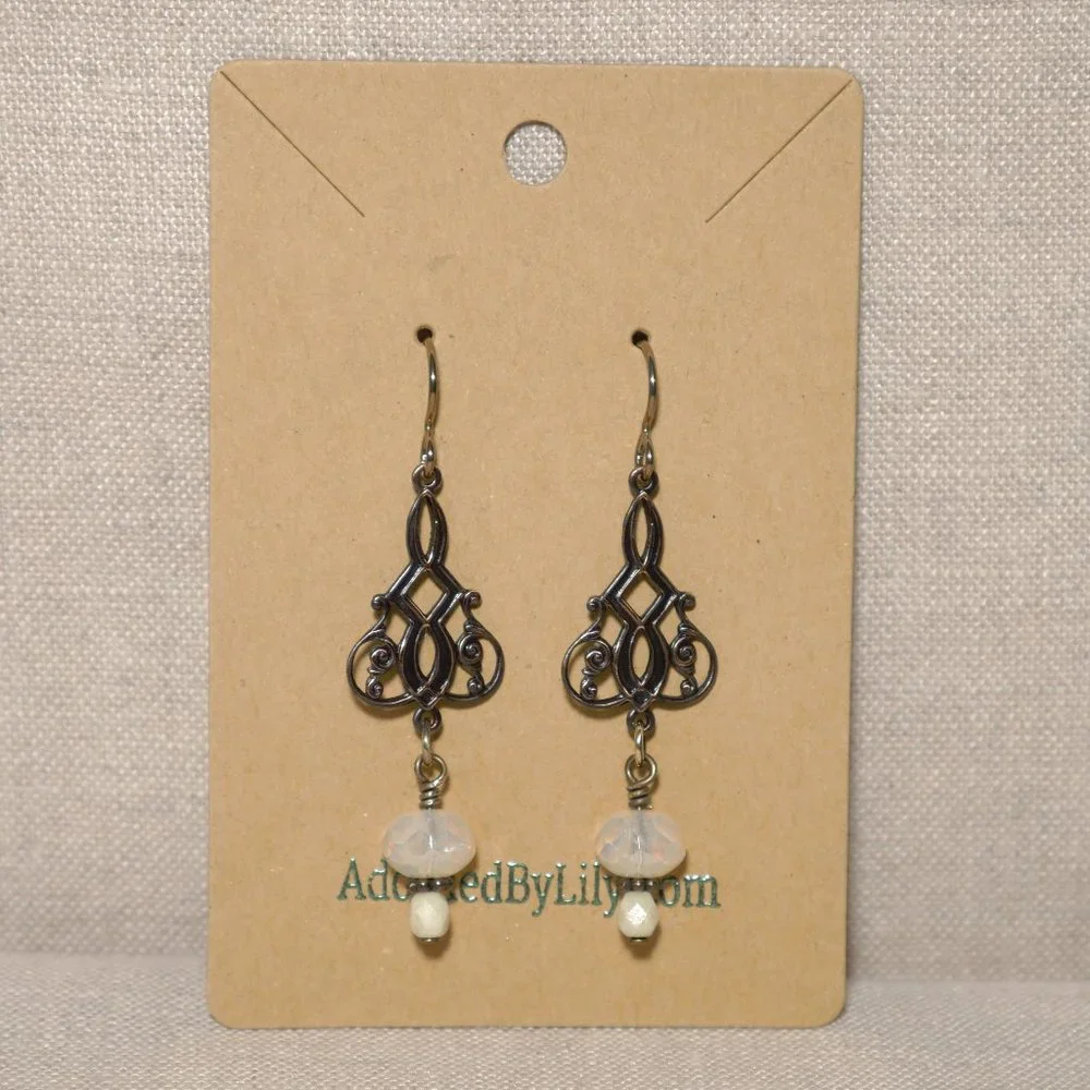 Hand Crafted Handmade Earrings Brass Filigree Cream Opalite Czech Glass … - Picture 2 of 4